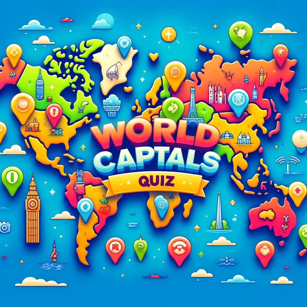 Dall e 2024 05 18 16 54 23 a vibrant and engaging image for a world capitals quiz the image should feature a map of the world with colorful markers indicating various capitals