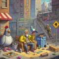 Dall e 2024 06 24 23 31 18 create an image depicting a scene from the game bum simulator show a humorous urban environment with a homeless character using a pigeon as a weapo